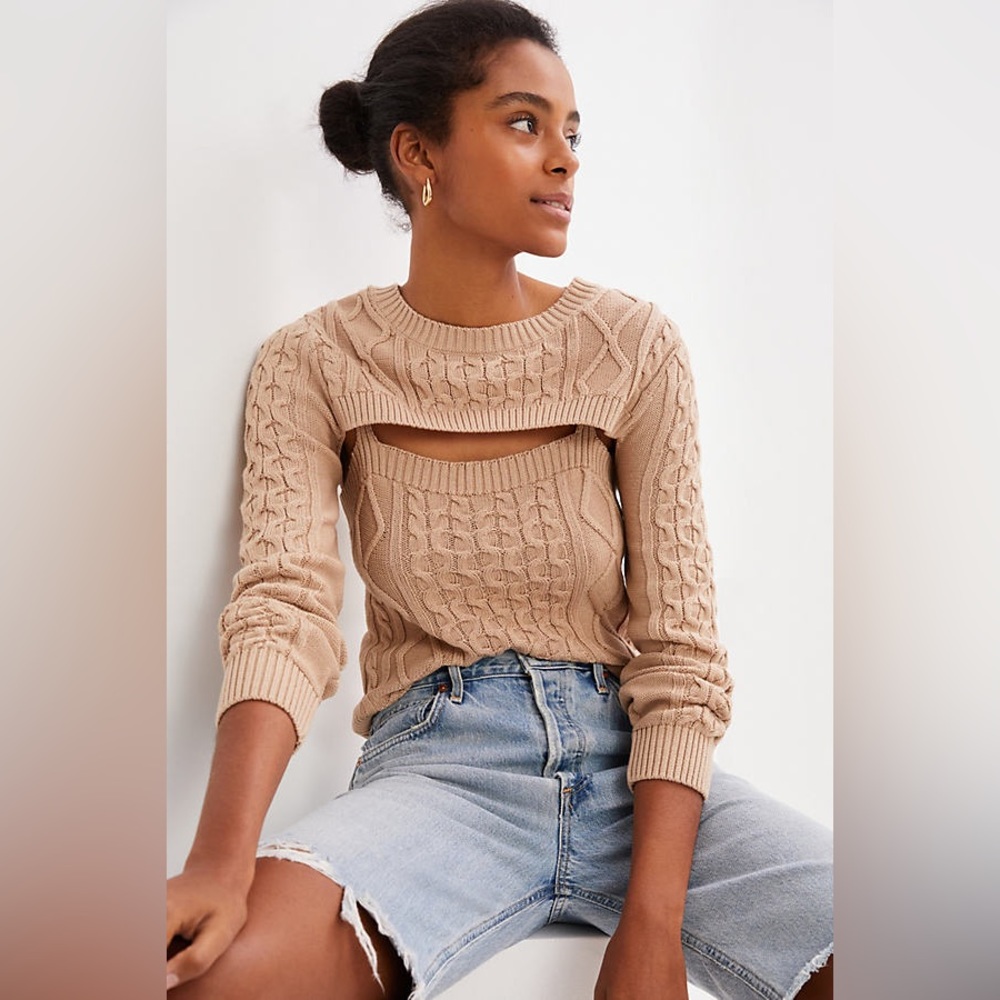 Anthropologie Cable Knit 2 Piece Set Sweater Beige